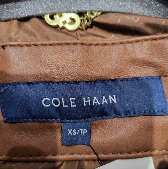 Cole Hann Caramel Brown Leather Moto Jacket Snap Button Neck - Picture 4 of 11